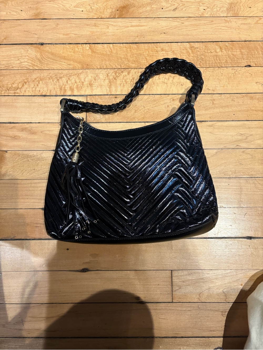 Black Cole Haan Quilted Patent Shoulder Bag with Braided Handle